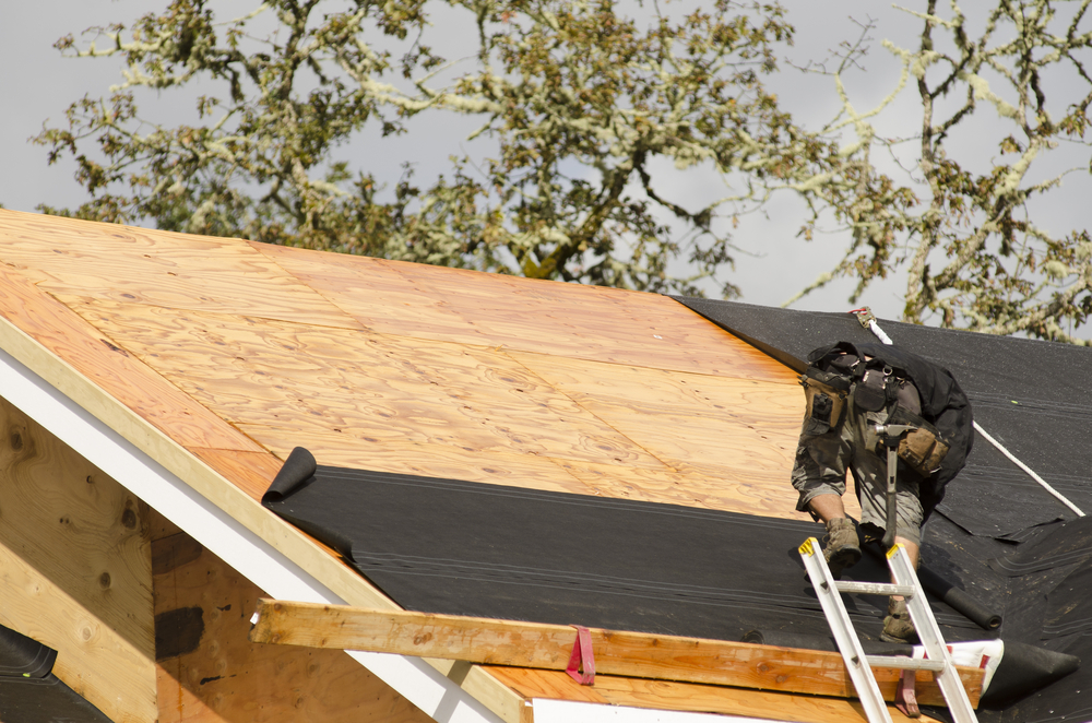 worker climbing a ladder onto a roof